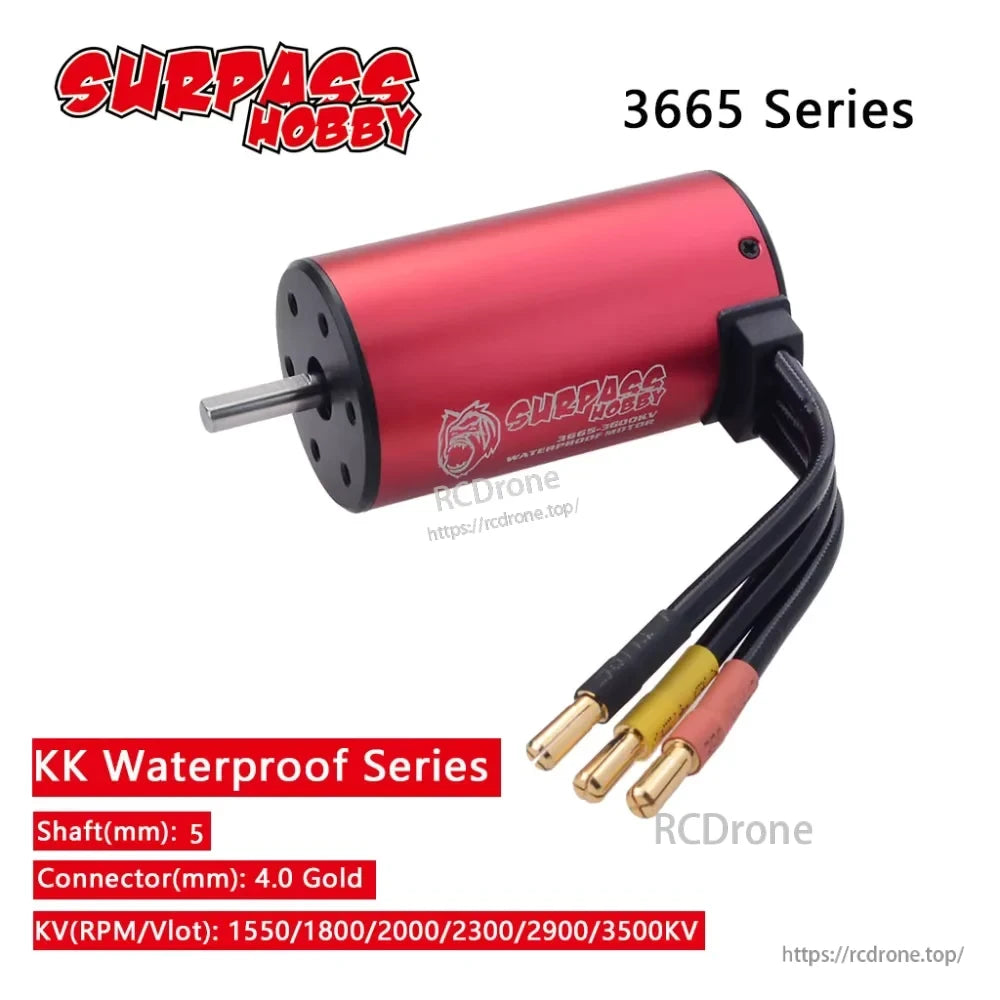 Surpass Hobby KK 3665 brushless motor, red 36x65mm can with 5mm shaft and 4.0mm gold bullet connectors
