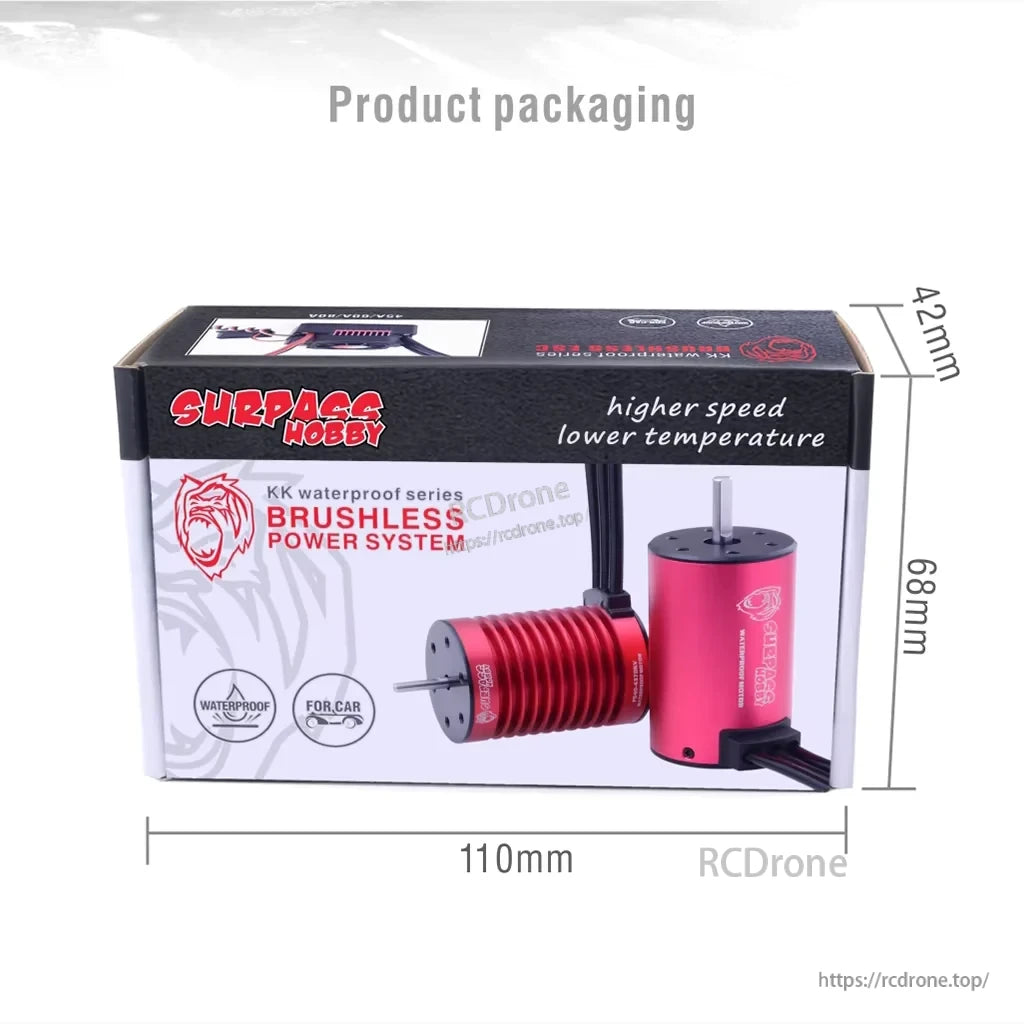 Surpass Hobby KK waterproof series brushless power system retail box with 110 x 68 x 42 mm package dimensions