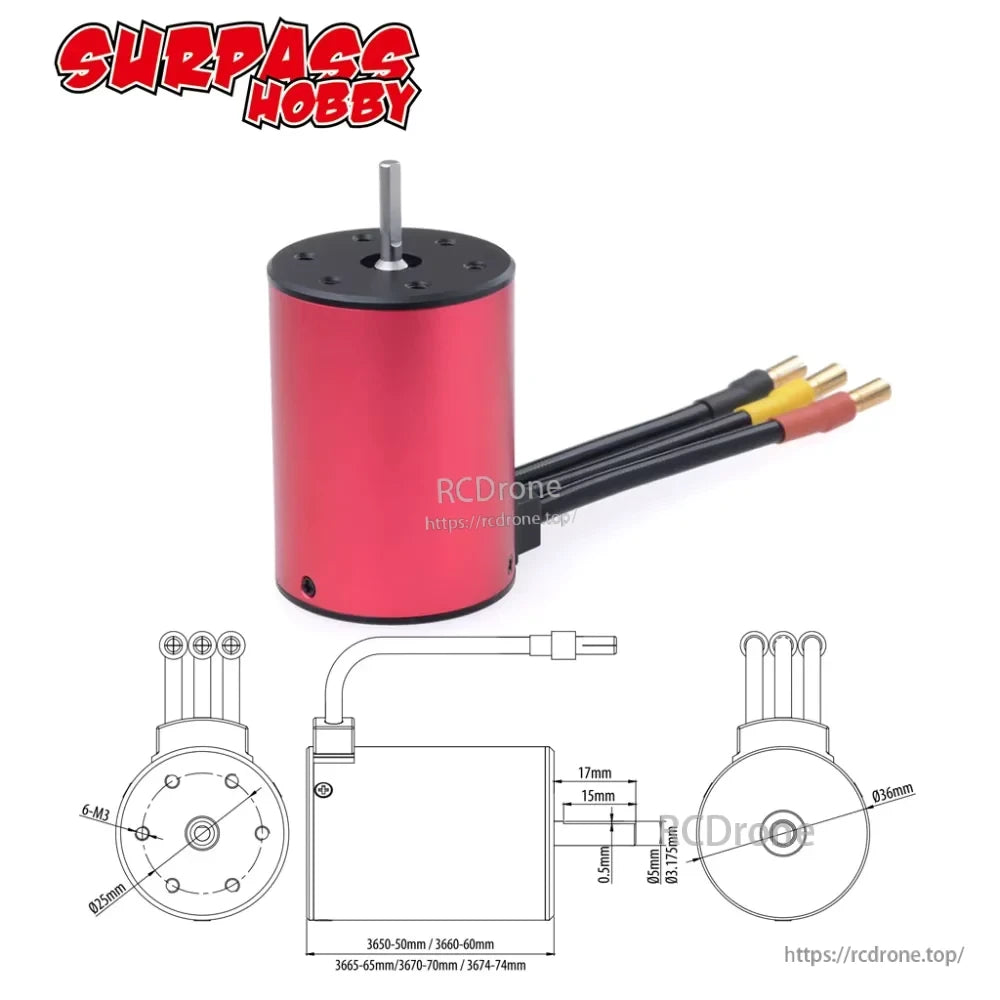 Surpass Hobby KK 3665 motor size drawing with 36mm diameter can, 65mm length, and 17mm shaft length