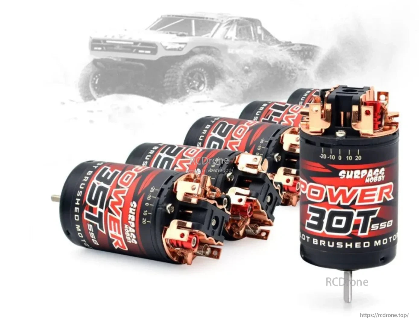 Surpass Hobby 550 3-slot brushed motor (30T) with solder tabs, side profile on white background