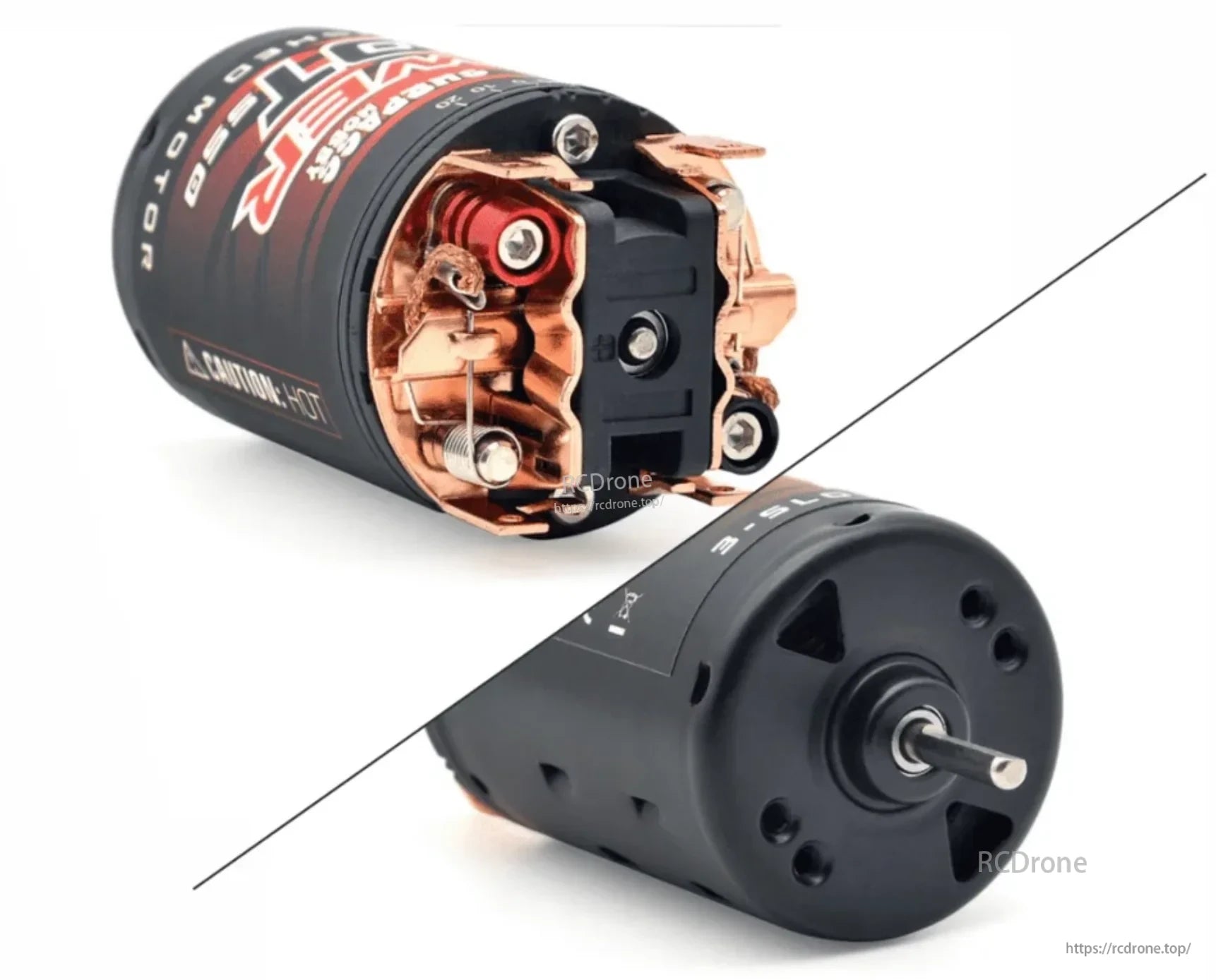 Close-up of Surpass Hobby 550 brushed motor showing endbell terminals and 3.175 mm output shaft