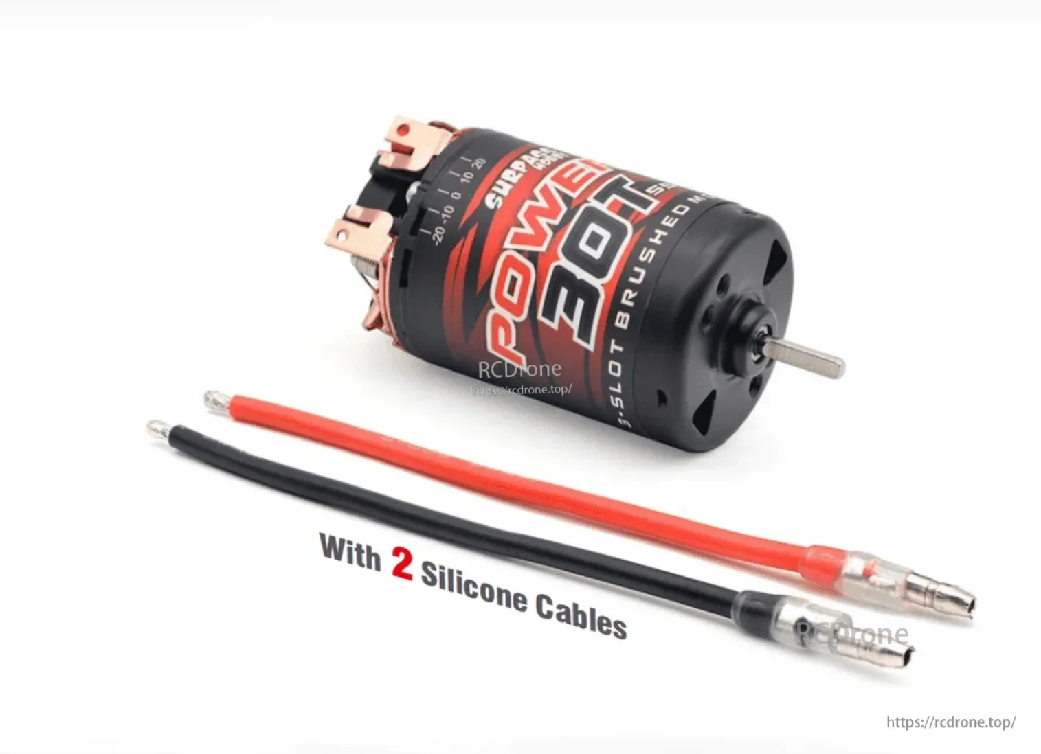 Surpass Hobby 550 brushed motor with included red and black silicone cables in the box