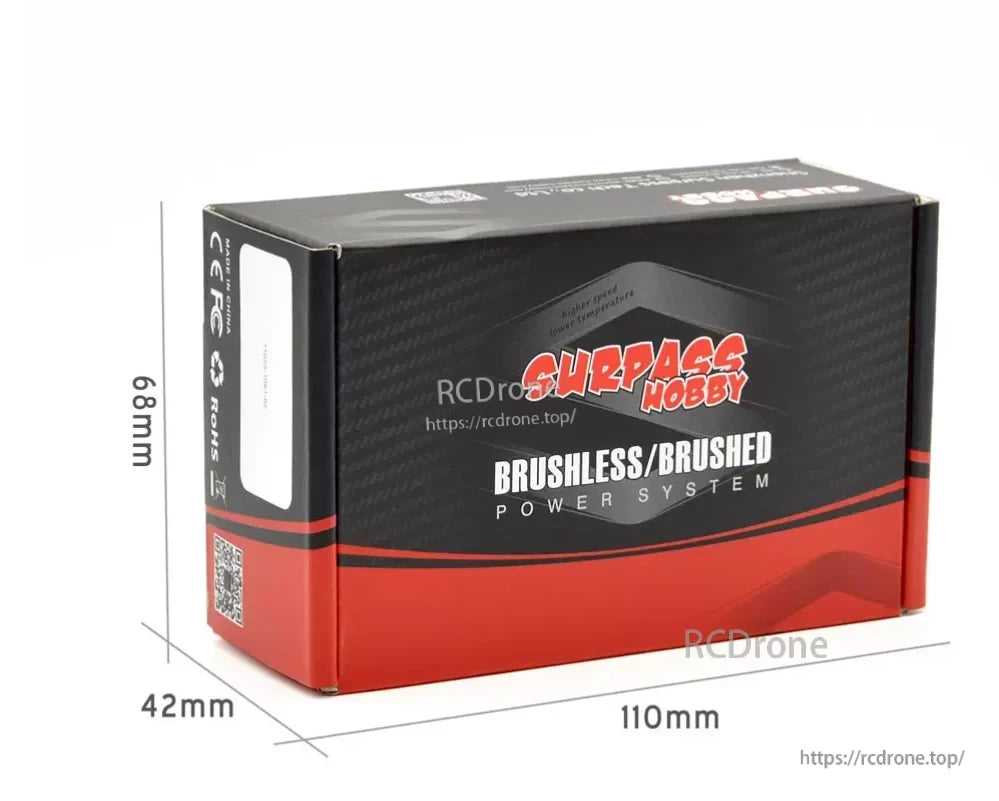 Surpass Hobby retail box for brushless/brushed power system with 110 × 42 × 68 mm package dimensions