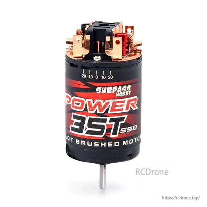 Surpass Hobby POWER 35T 550 brushed motor label view with dual terminals and output shaft