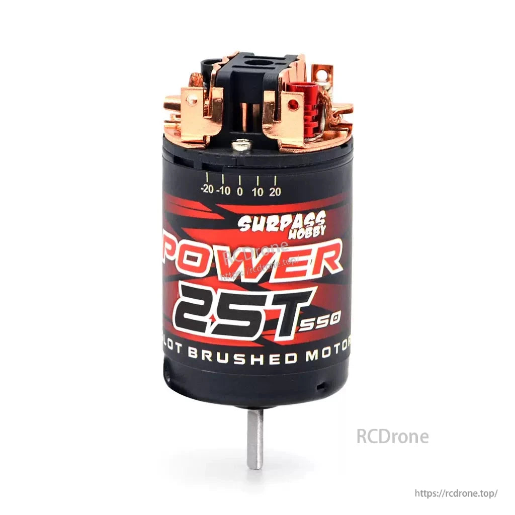 Surpass Hobby POWER 25T 550 brushed motor, front label view with terminals and timing marks