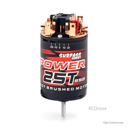 Surpass Hobby POWER 25T 550 brushed motor, front label view with terminals and timing marks