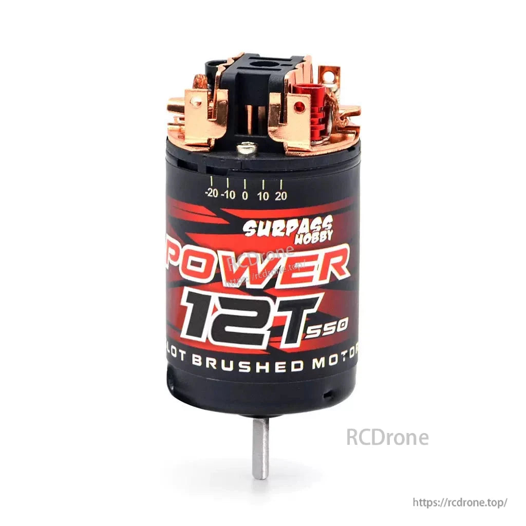 Surpass Hobby POWER 12T 550 brushed motor label view with copper terminals and steel shaft