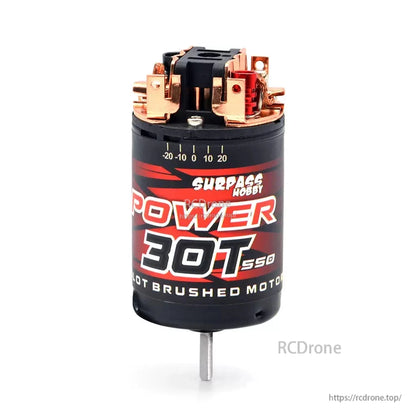 Surpass Hobby POWER 30T 550 brushed motor, label view showing end cap terminals and timing scale