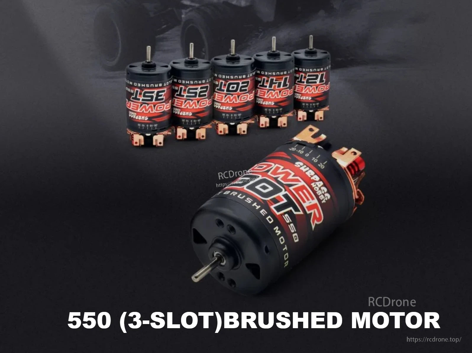 Surpass Hobby 550 3-slot brushed motor lineup with multiple turn options for 1/10 RC cars