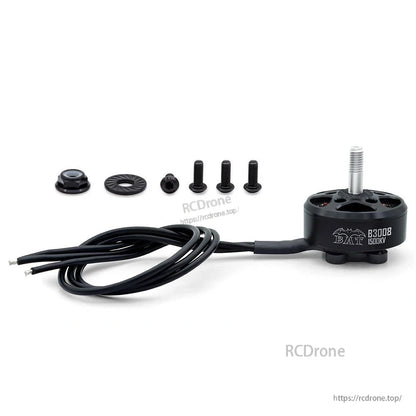 B3008 1280KV motor kit with three wires, prop hardware, washer, nut, and mounting screws