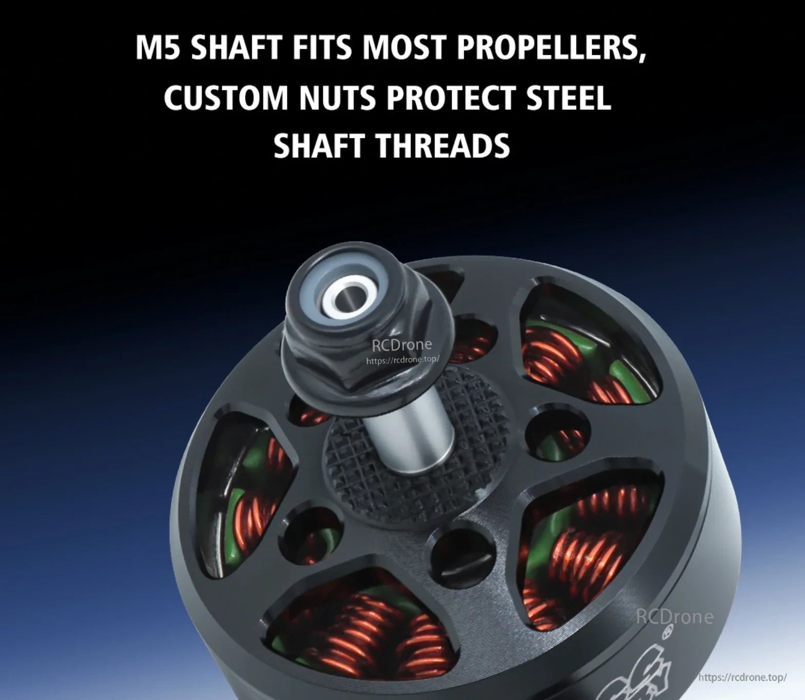 Close-up of BAT B3008 M5 threaded steel shaft and custom propeller nut