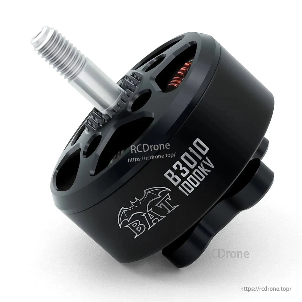 Surpass Hobby BAT B3010 1000KV brushless motor angled side view with threaded shaft