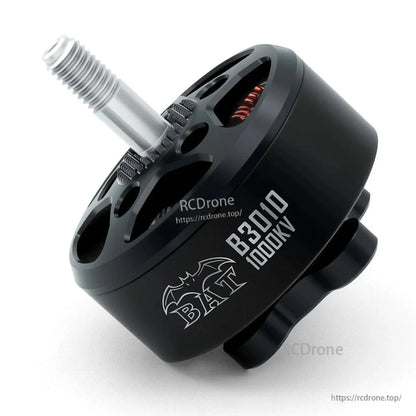 Surpass Hobby BAT B3010 1000KV brushless motor angled side view with threaded shaft