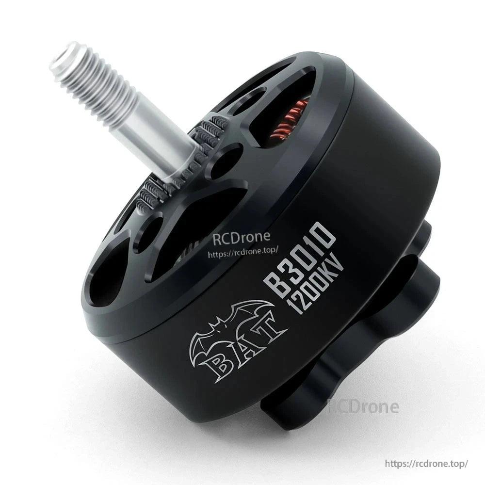 Surpass Hobby BAT B3010 1200KV brushless motor angled side view with mounting base
