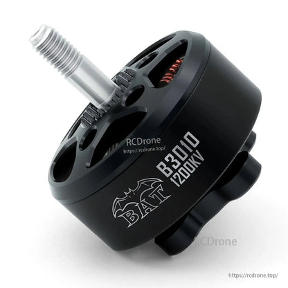 Surpass Hobby BAT B3010 1200KV brushless motor angled side view with mounting base
