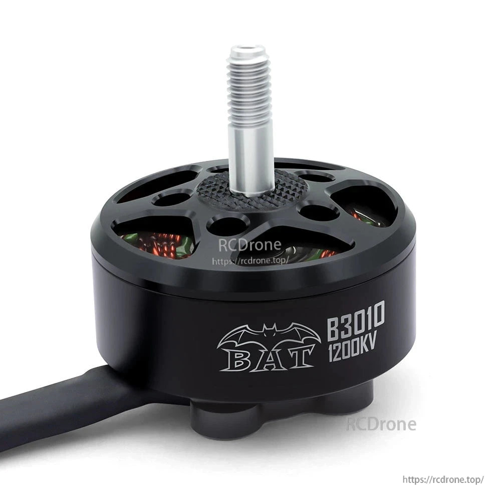 BAT B3010 1200KV brushless motor front view with threaded shaft and copper windings