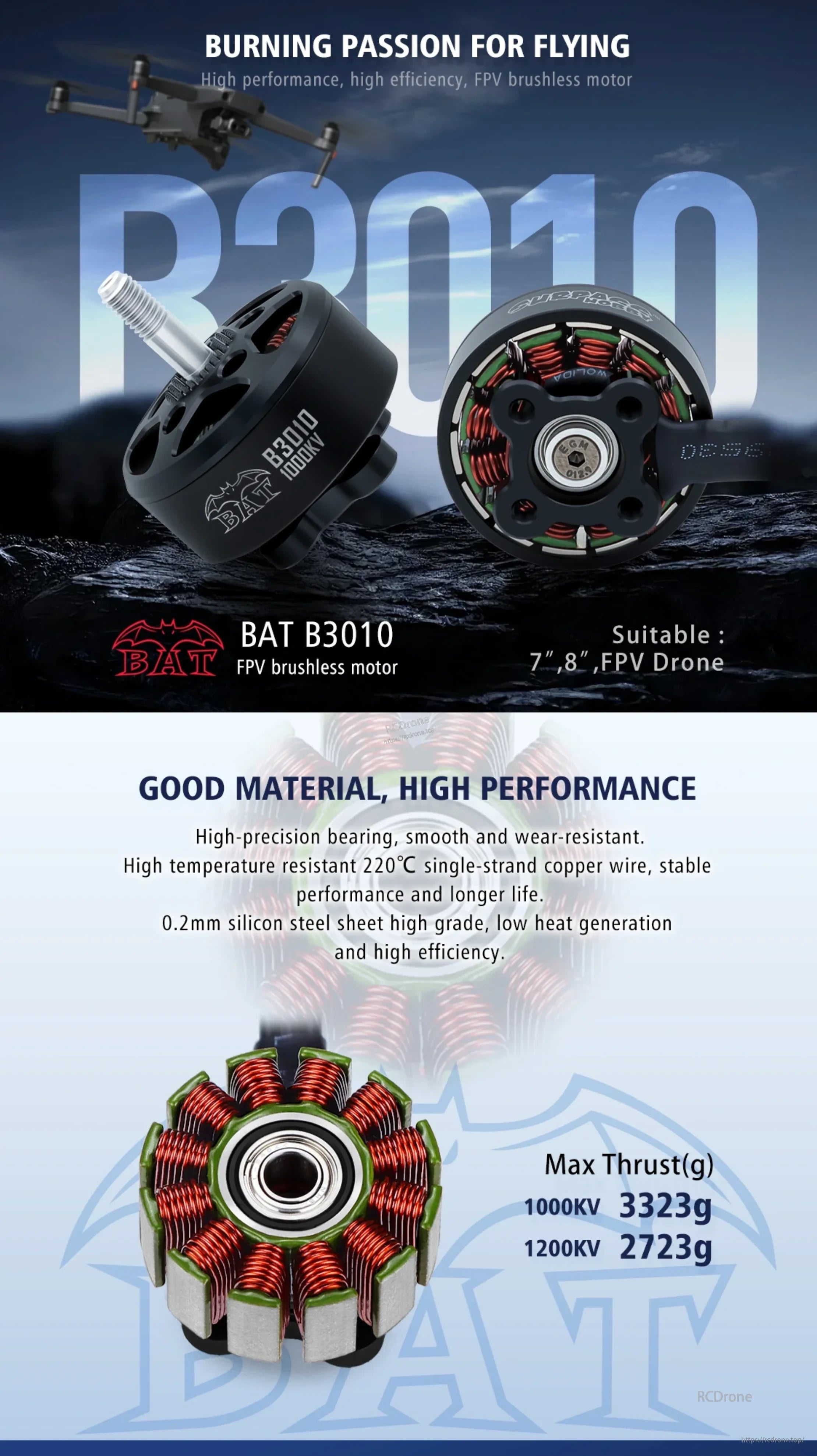 Surpass Hobby BAT B3010 FPV drone motor with exposed 48SH rotor and copper windings