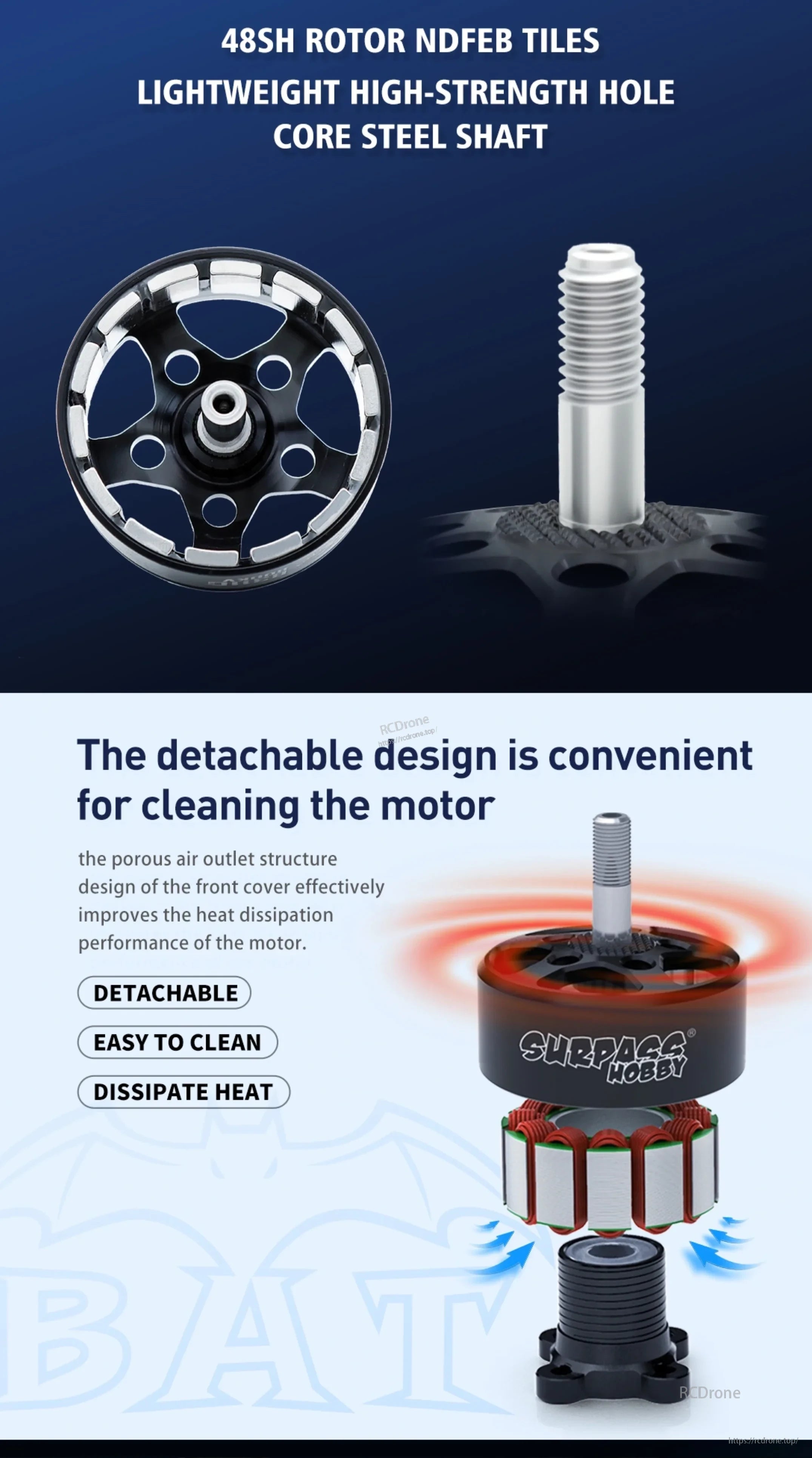 BAT B3010 motor rotor, threaded steel shaft, and detachable motor assembly