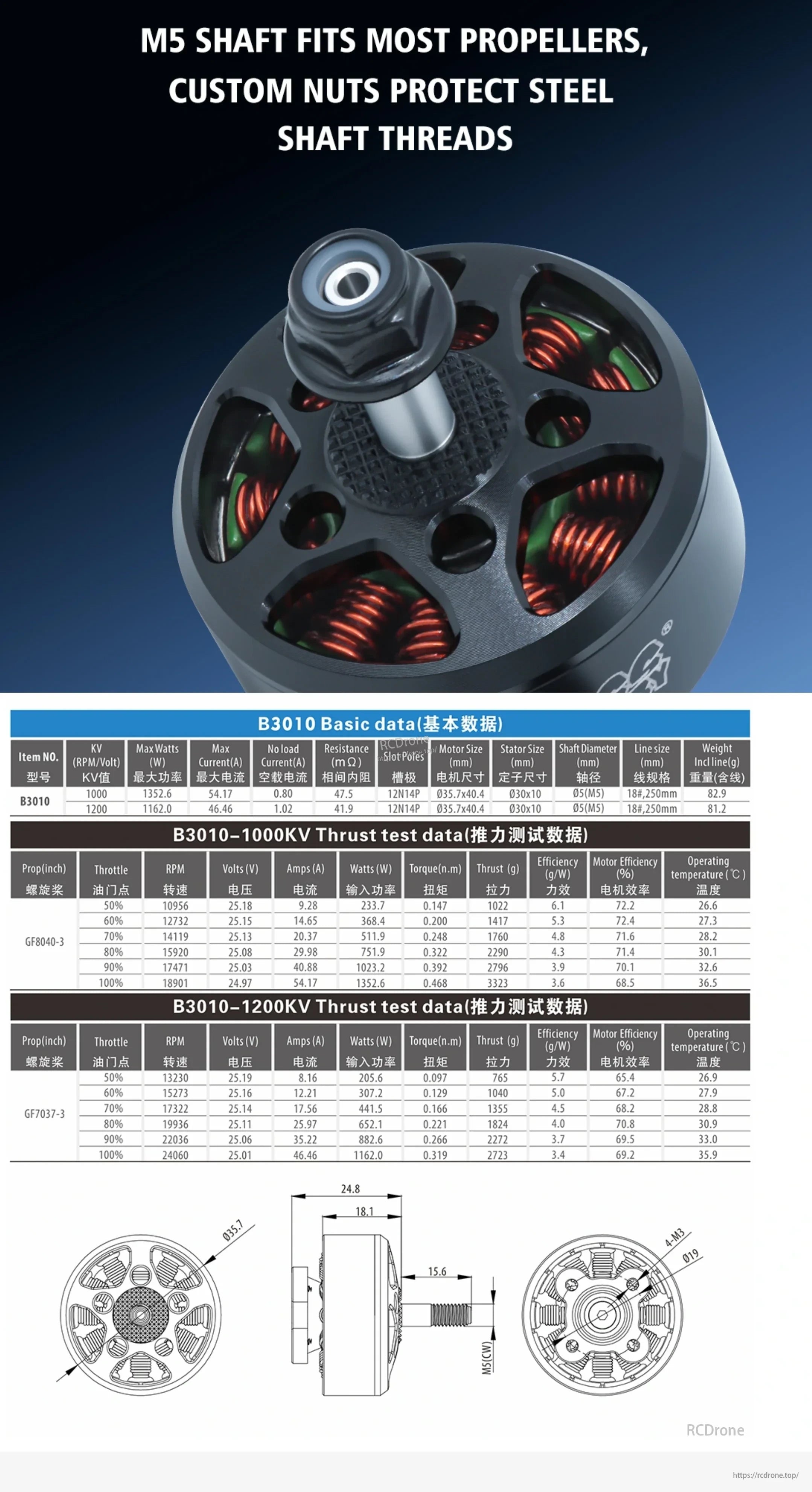 BAT B3010 M5 threaded shaft with custom nut, thrust data, and motor dimension drawing