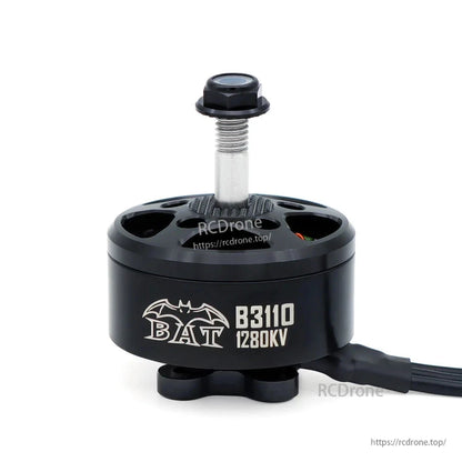 BAT B3110 1280KV brushless motor front view with logo, prop shaft, and lead wires