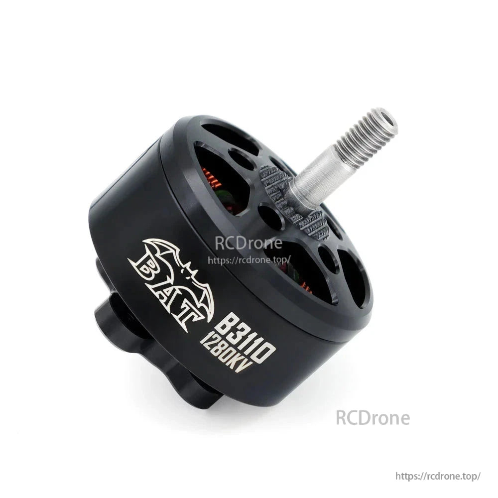 Angled view of BAT B3110 1200KV brushless motor with vented bell and threaded prop shaft