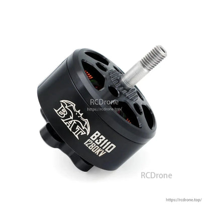 Angled view of BAT B3110 1200KV brushless motor with vented bell and threaded prop shaft