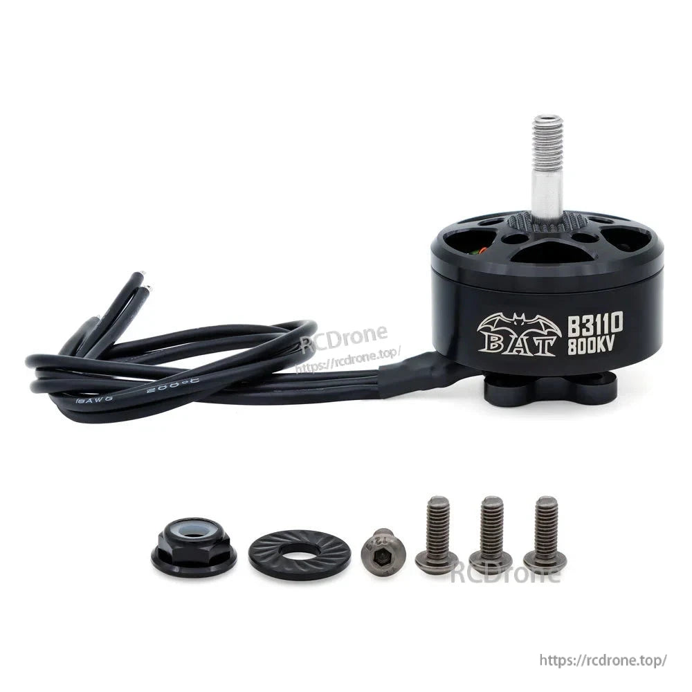 BAT B3110 800KV motor with lead wires, prop adapter hardware, nut, washer, and mounting screws