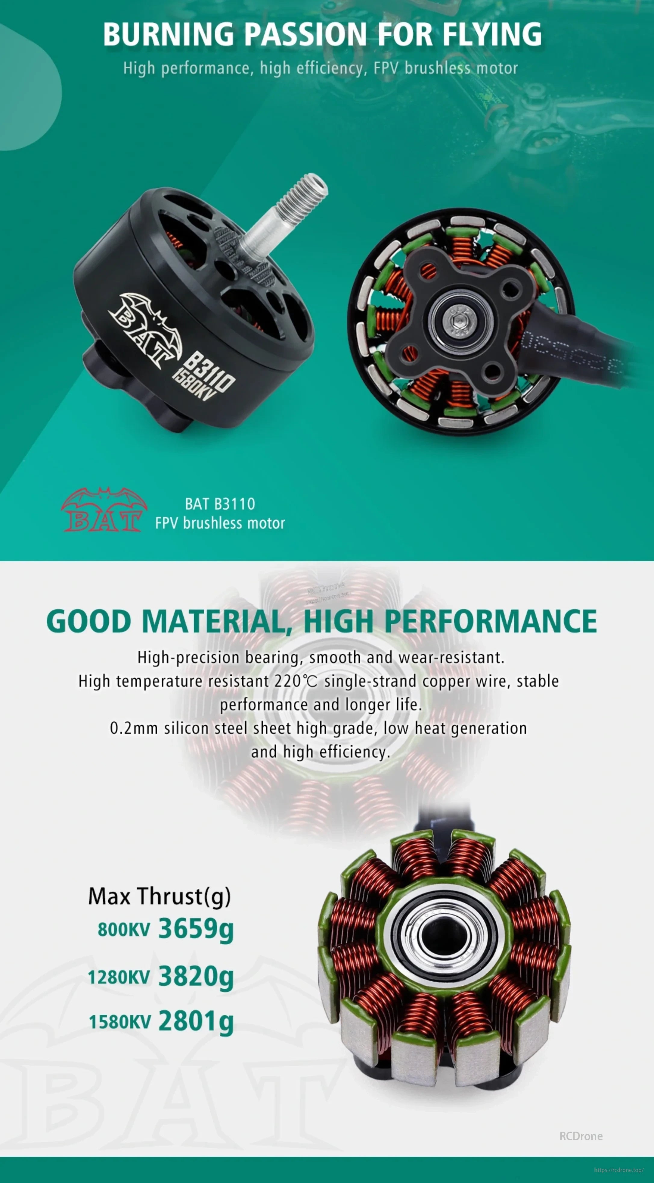 Surpass Hobby BAT B3110 brushless motor with exposed stator and listed KV thrust options