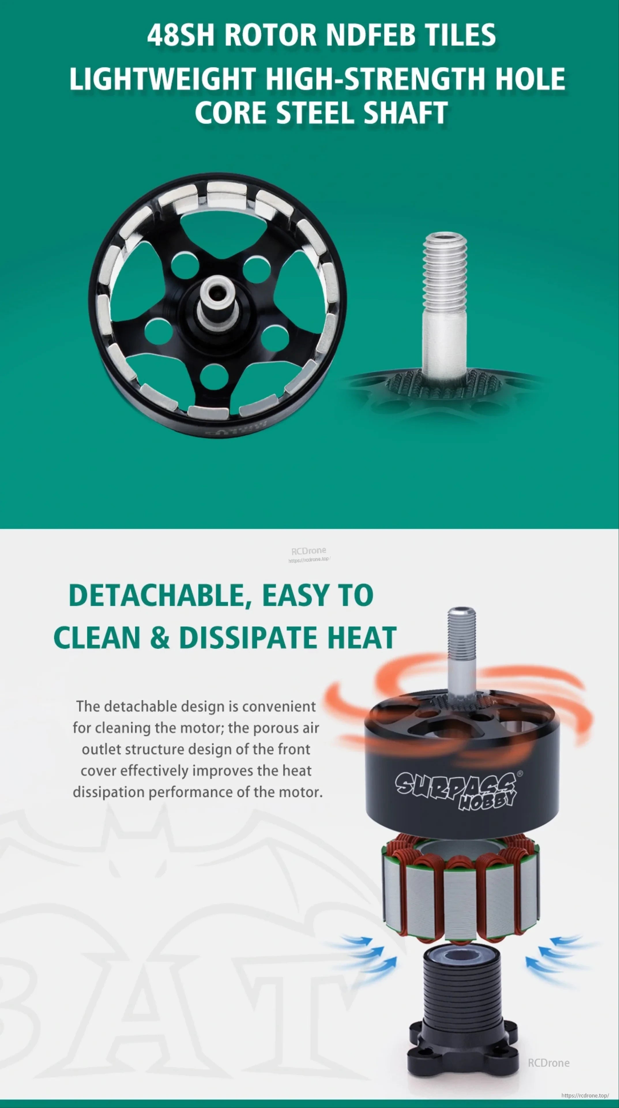 BAT B3110 motor rotor, threaded steel shaft, and detachable ventilated motor assembly