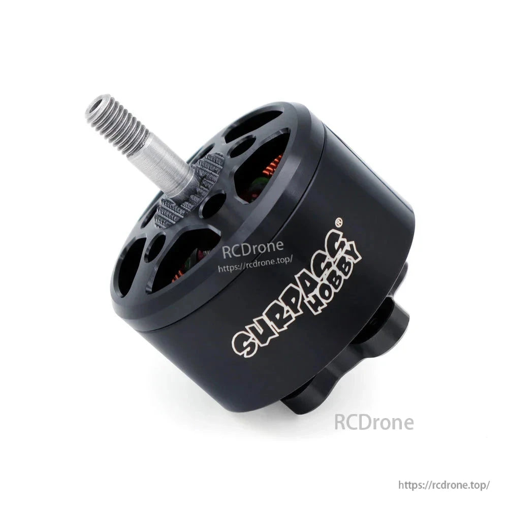 Angled view of black Surpass Hobby motor housing with threaded shaft and mounting base