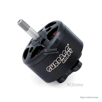 Angled view of black Surpass Hobby motor housing with threaded shaft and mounting base