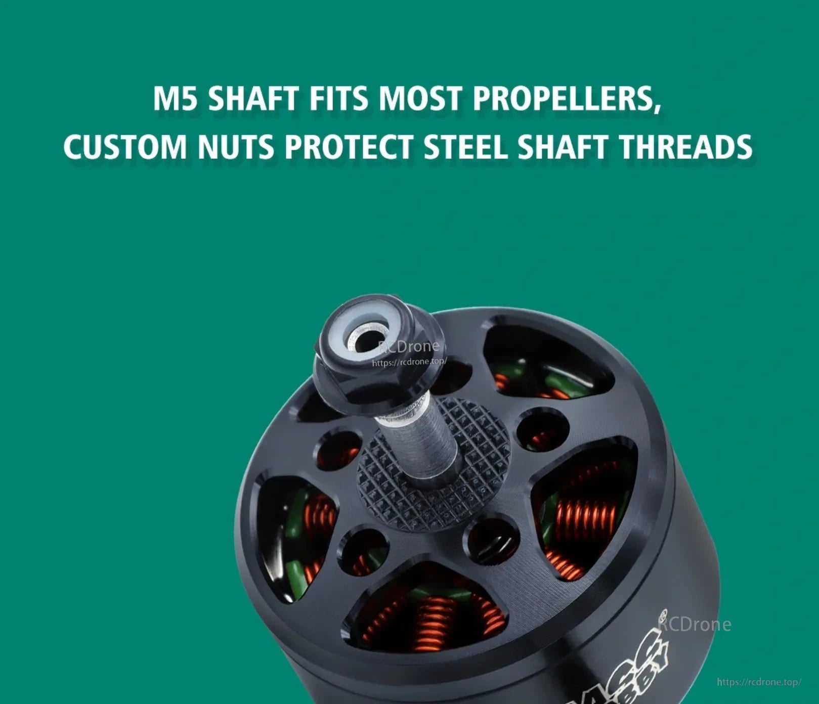 BAT B3115 brushless motor top view with M5 threaded propeller shaft and retaining nut