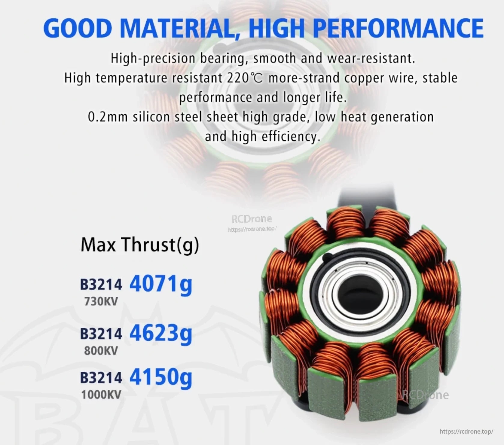 B3214 motor stator with copper windings, bearing, and listed maximum thrust by KV