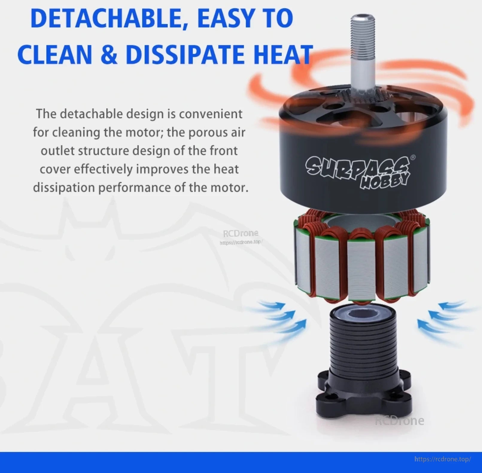 Exploded B3214 motor construction with removable bell, stator, and front air outlets