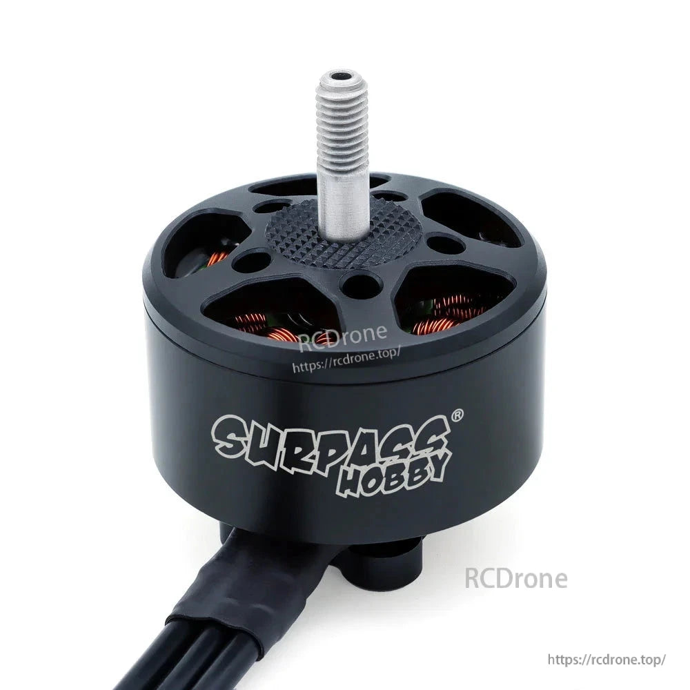 Surpass Hobby branded motor side view with threaded shaft, wire leads and vent openings