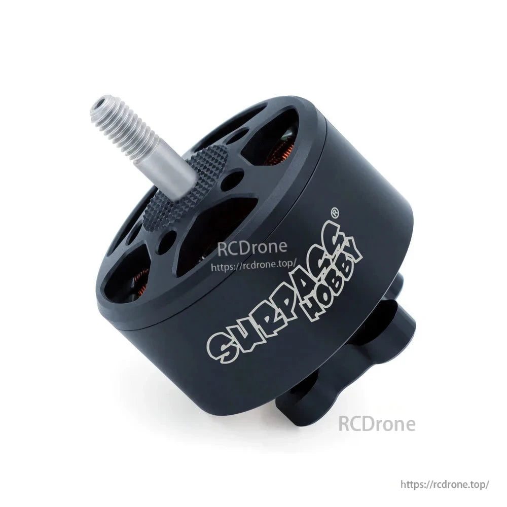 Angled side view of black motor can with Surpass Hobby logo and mounting base