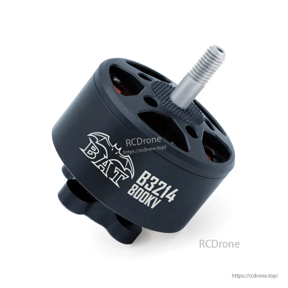 Angled view of the BAT B3214 800KV motor with vented bell and threaded prop shaft