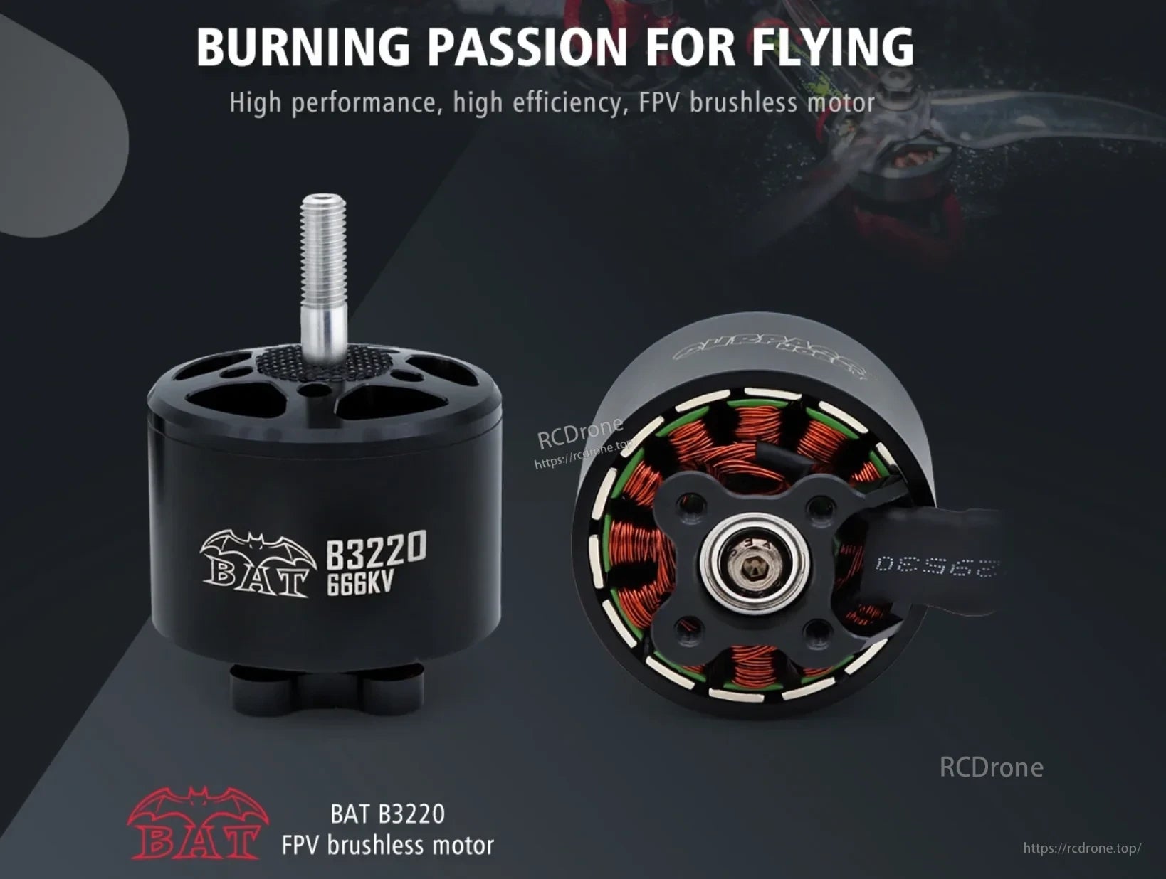 Surpass Hobby BAT B3220 FPV brushless motor with 666KV marking and exposed stator view