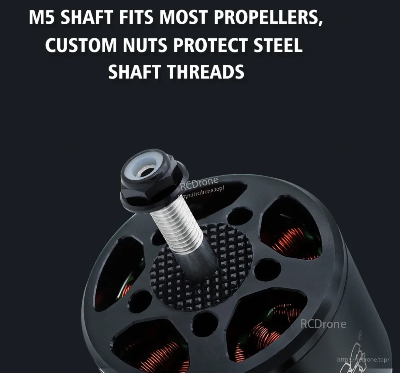Close-up of BAT B3220 threaded M5 propeller shaft with protective custom nut
