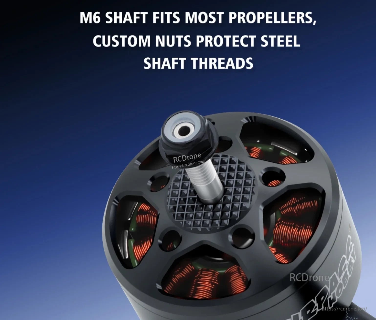 Close-up of BAT B4720 M6 threaded shaft and custom propeller nut