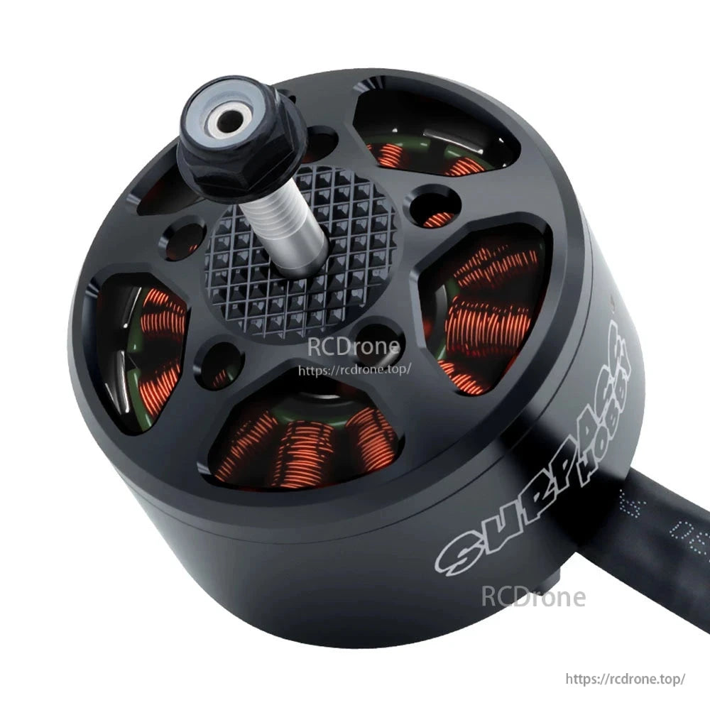 Close-up of black brushless motor top with copper windings and threaded prop shaft