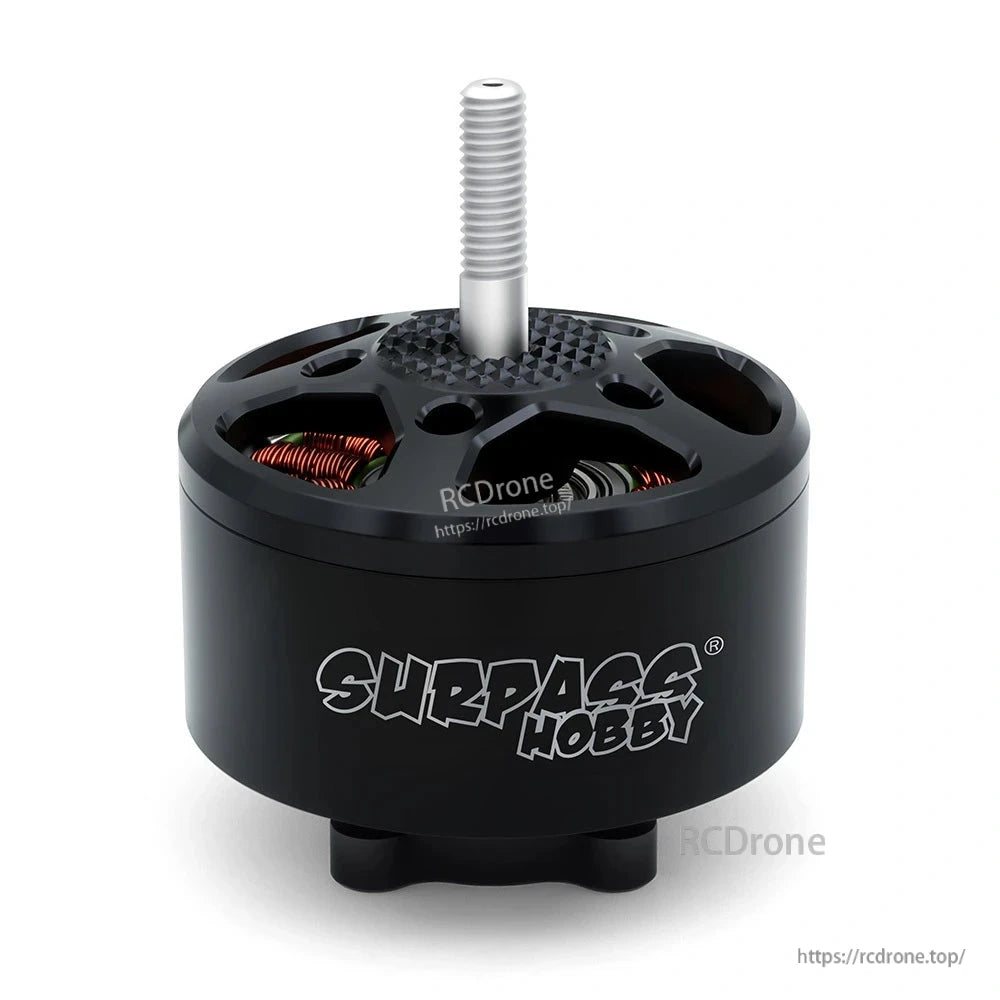 Surpass Hobby B4720 brushless motor front view with vented bell and threaded shaft