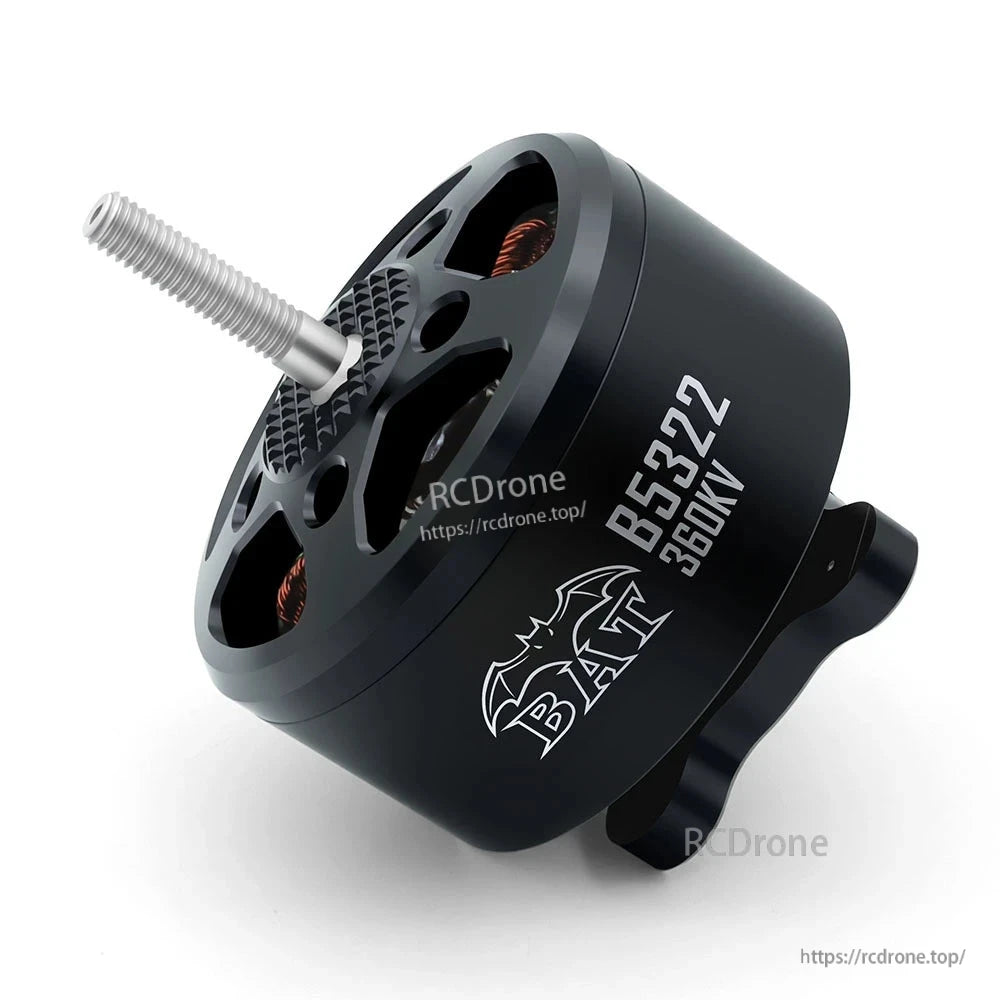Side angle of BAT B5322 360KV brushless motor showing threaded shaft and mounting base