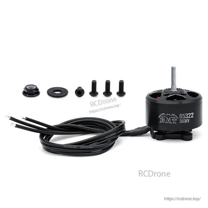 BAT B5322 360KV motor with motor wires, prop nut, washer, and mounting screws