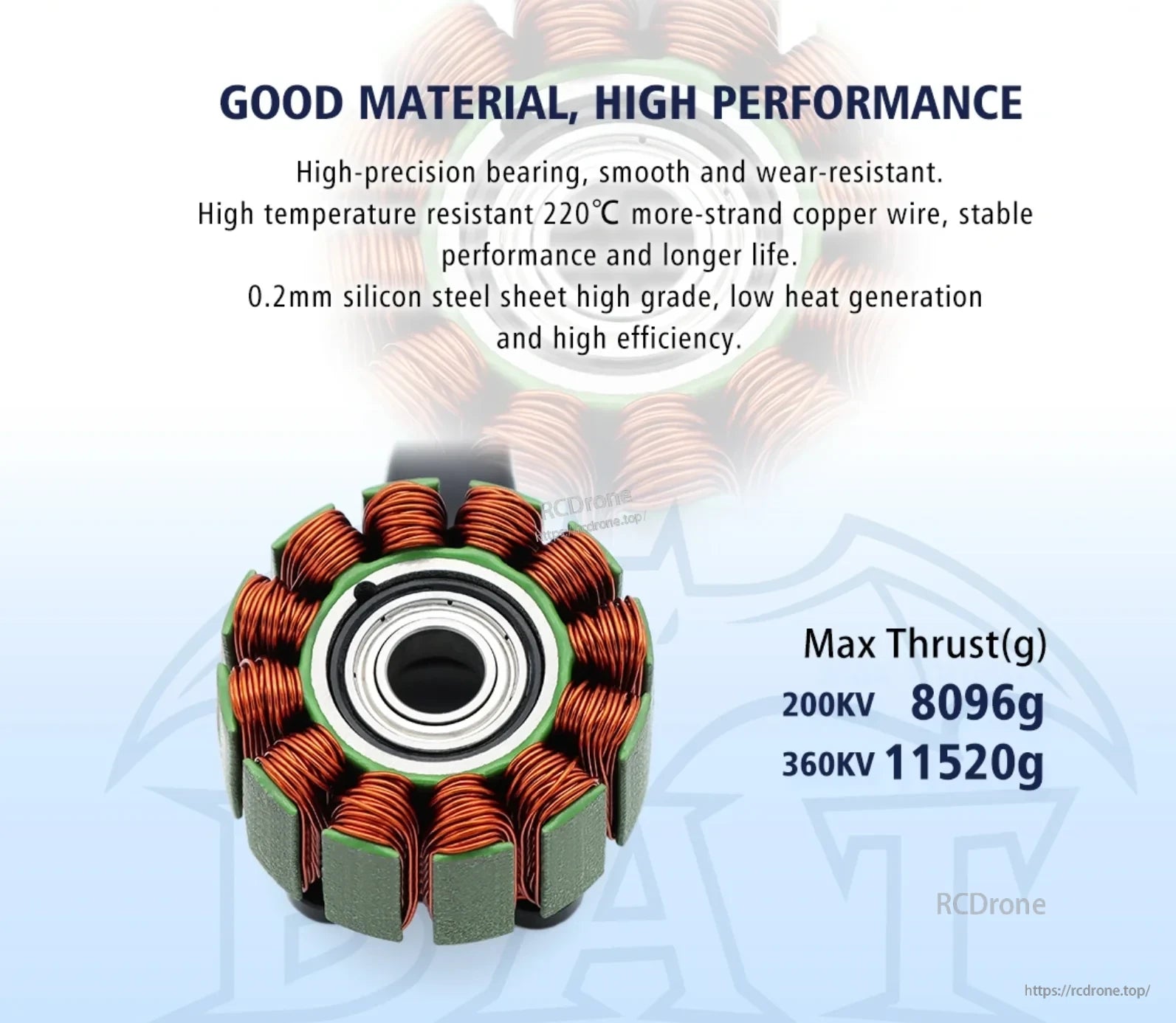 BAT B5322 stator with copper windings and bearing, with 200KV and 360KV maximum thrust data