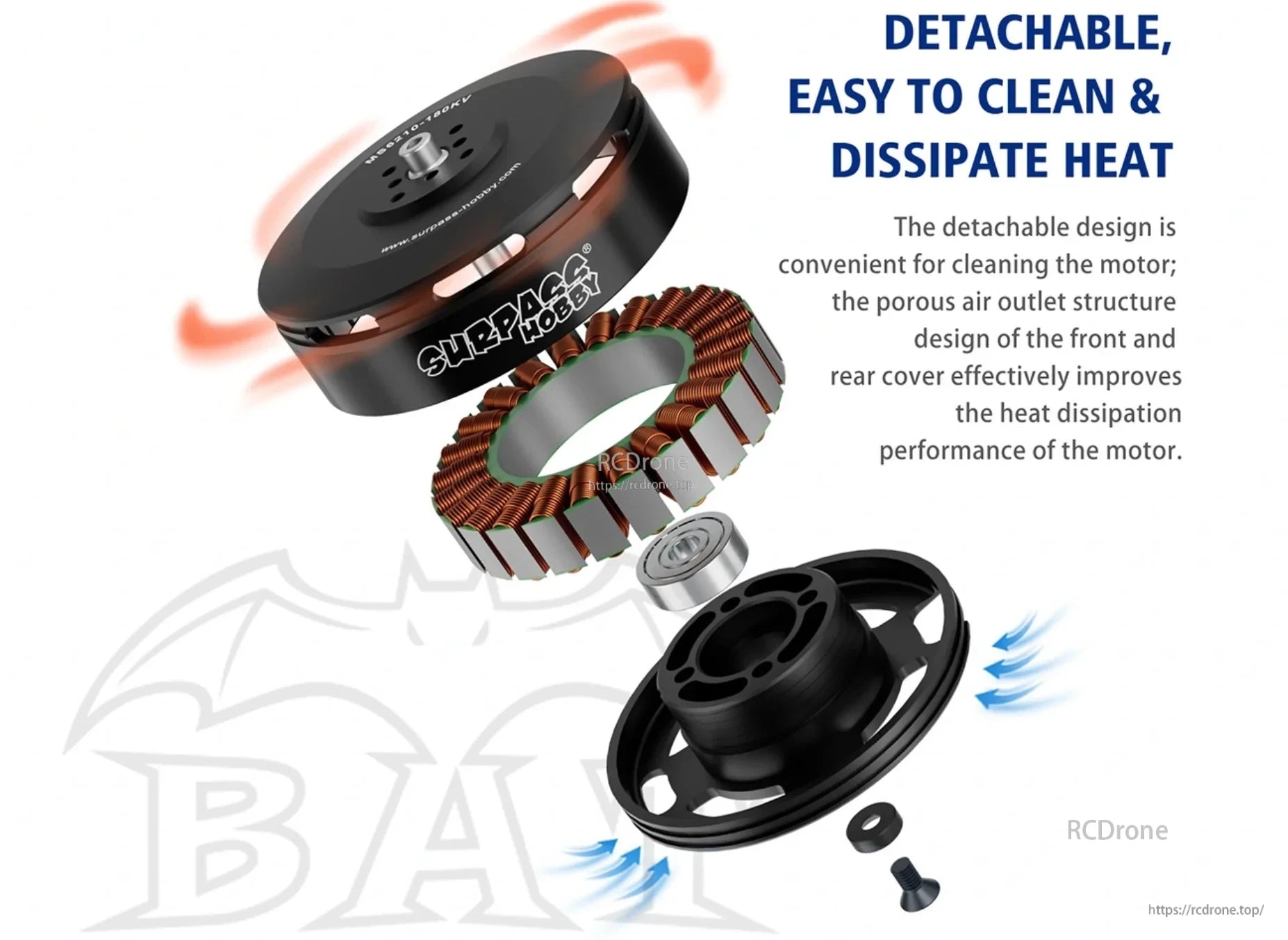 Exploded Surpass Hobby drone motor view with detachable housing, stator, and vent openings