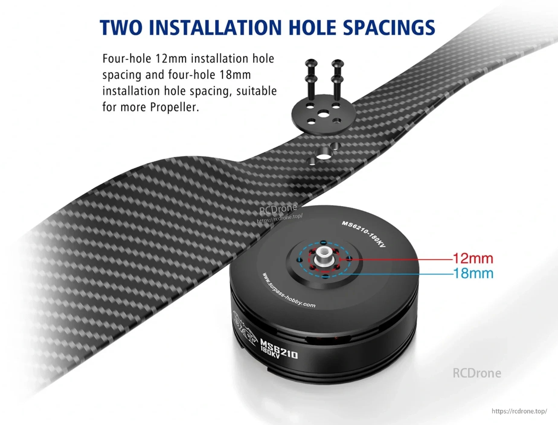 Drone motor propeller mount with 12 mm and 18 mm four-hole installation patterns
