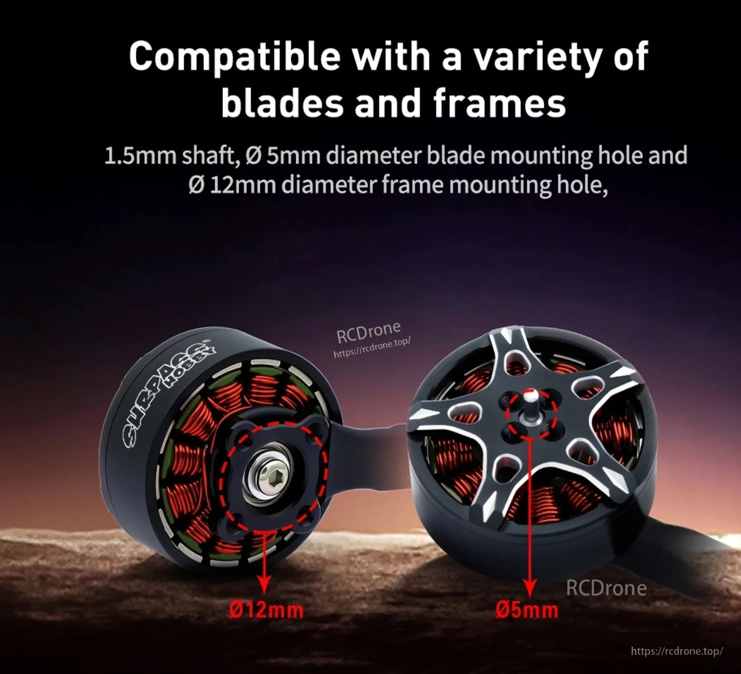 Brushless motor showing 1.5 mm shaft, 5 mm propeller hole, and 12 mm frame hole