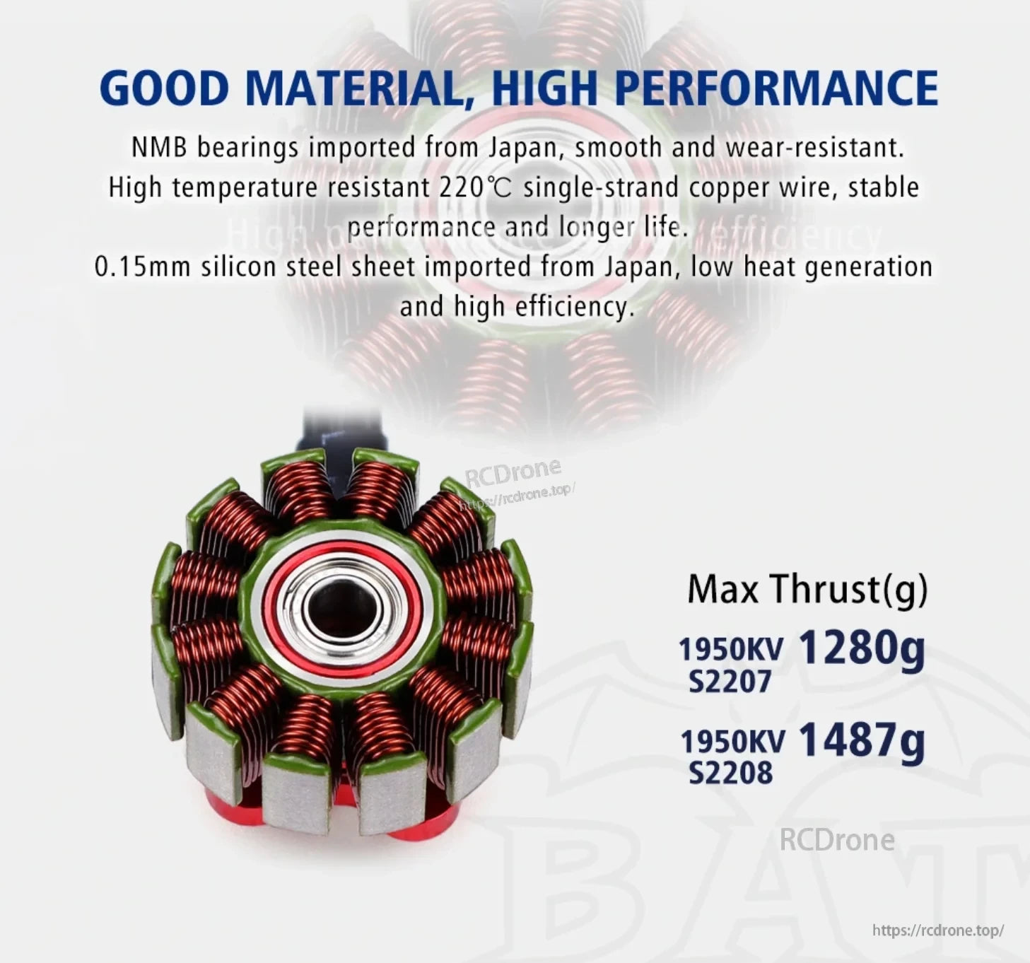 S2207 and S2208 motor stator with copper windings, NMB bearing, and listed maximum thrust
