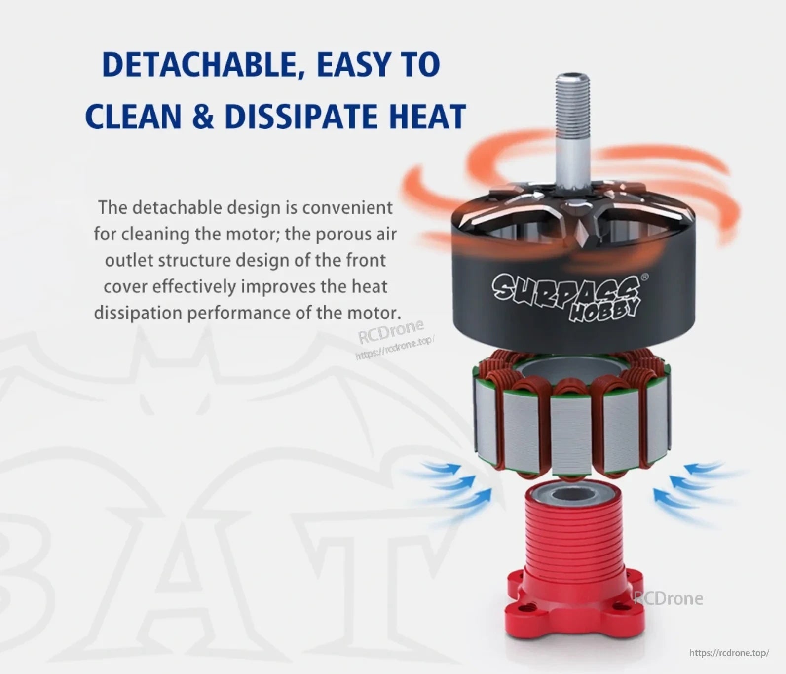 Exploded detachable BAT motor assembly with ventilated bell and exposed stator
